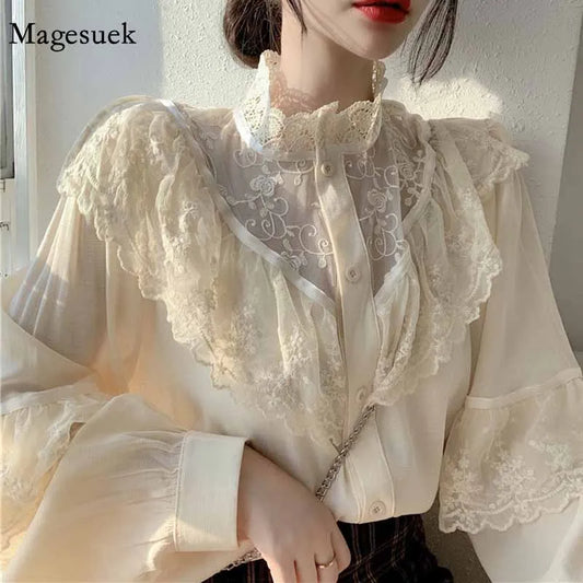 Fashion Ruffled Autumn Lace Up Women Blouses Stand Collar Ladies Tops Vintage Lace Shirts Korean Sweet Loose Clothes Women 11335