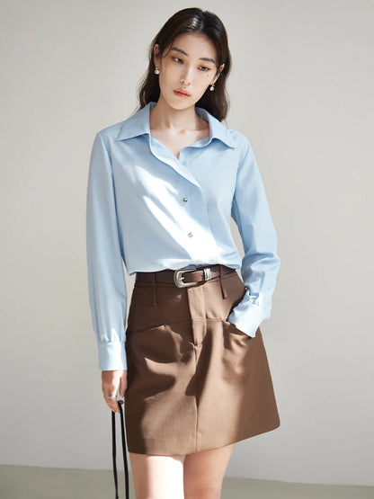 DUSHU Light Blue Spring Women Polo Neck Long Sleeve Blouses Office Lady Simple Modal Solid Shirts Oblique placket Top 24DS81059