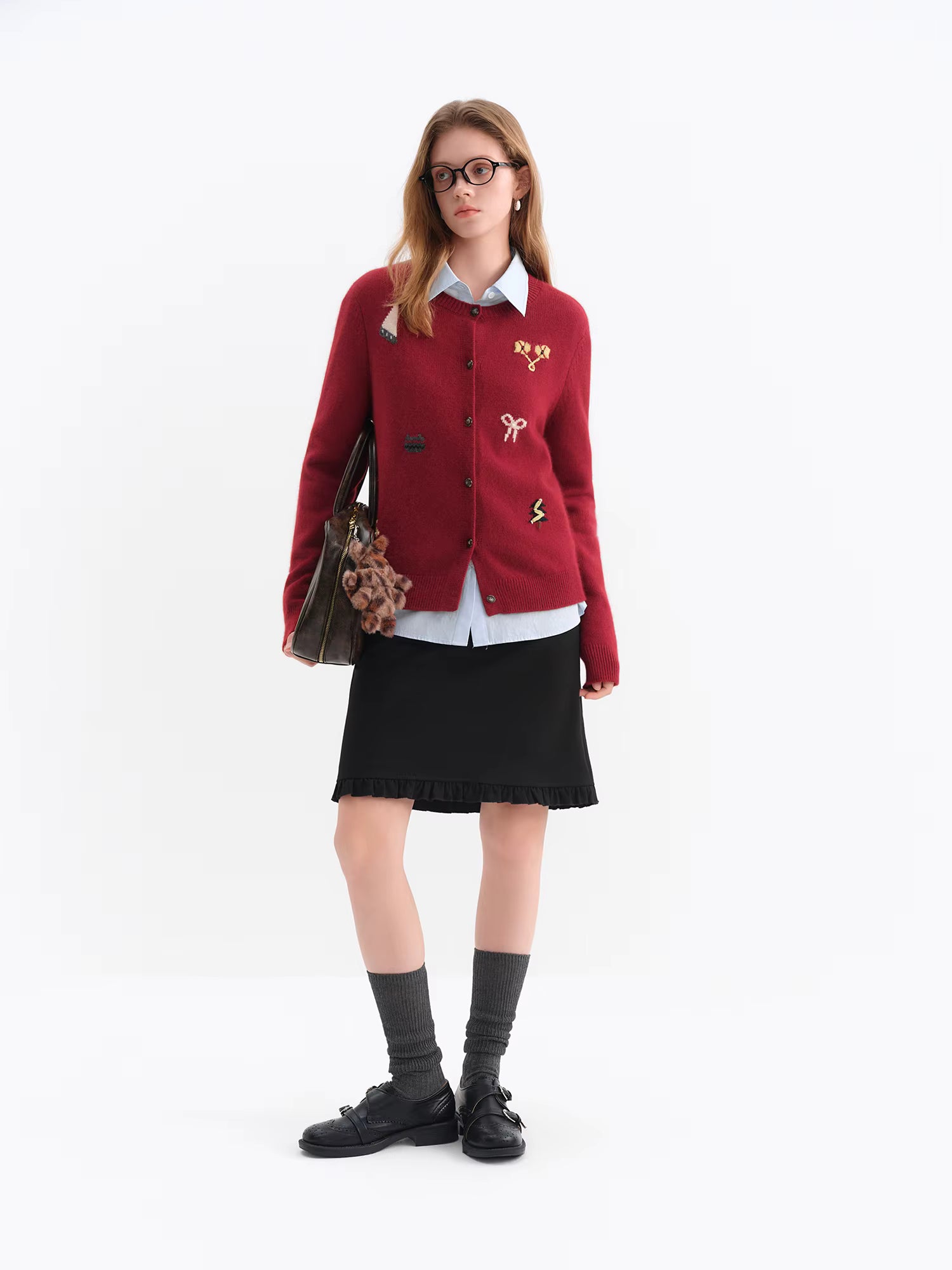 2025 Women's Red Christmas Block Embroidered Round Neck Vintage Knit Sweater Coat Cozy Holiday Party Pullover Casual Fit