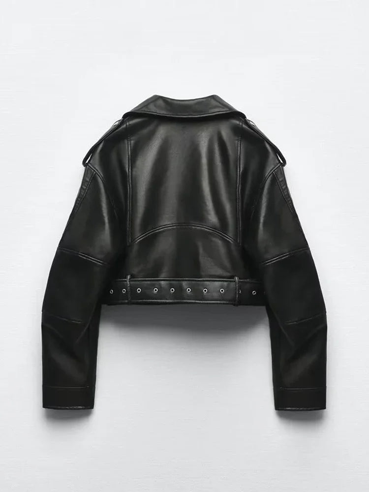 Oversized Vintage Loose Pu Faux Leather Short Jacket with Belt Streetwear Female Zipper Retro Moto Biker Coat Outwear