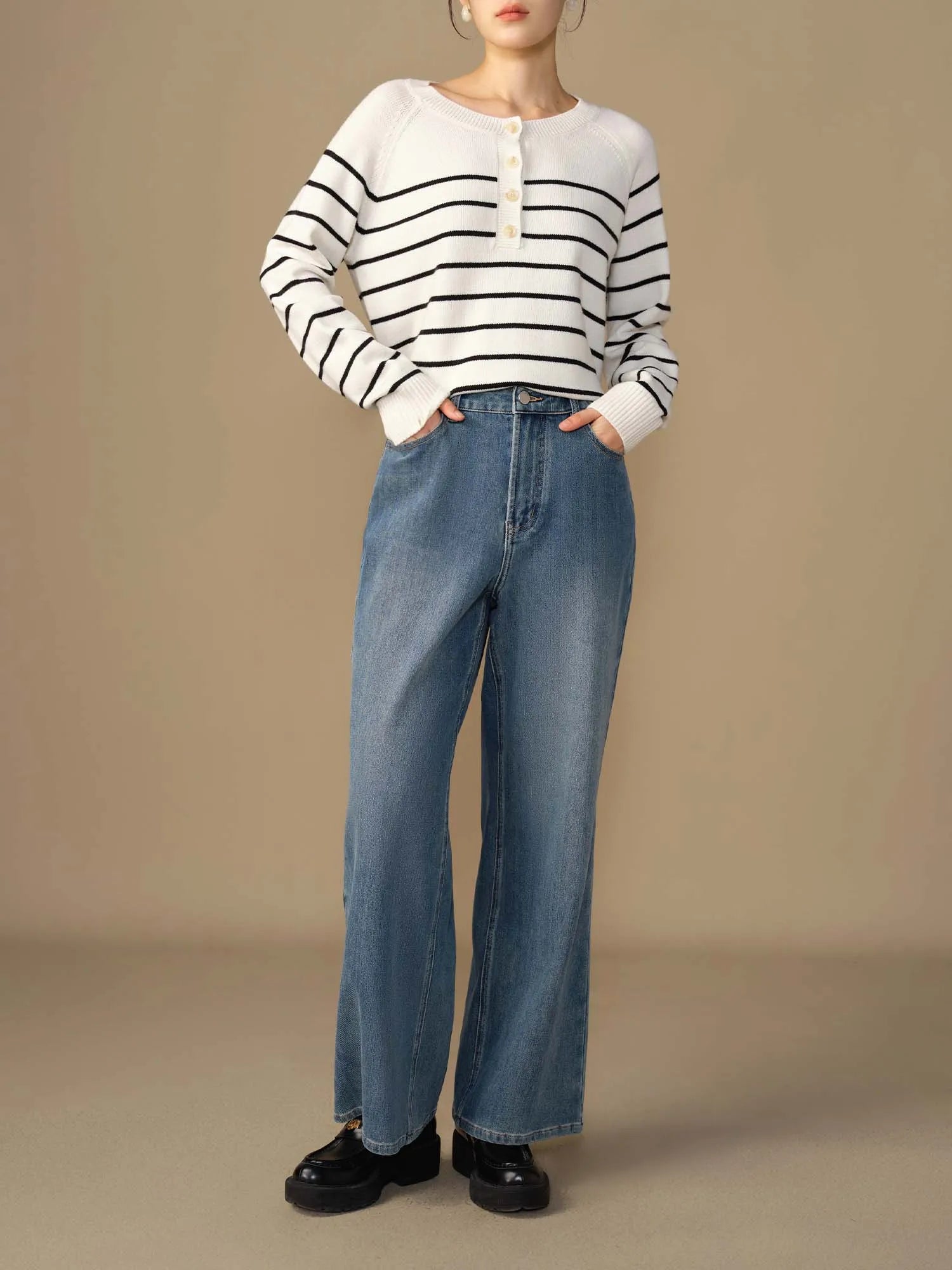 DUSHU Women Full Length Jeans High Waist Cotton Elastic Autumn New Commuter Jean Office Lady Retro Denim Blue Pants 24DS83020