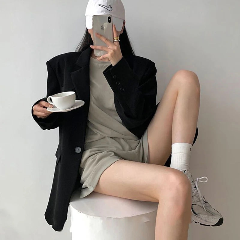 Black Suit Jacket Women Loose Straight Long Sleeved Fall Winter Fashion Outwear Basic Simple Korean Office Lady High Street Coat