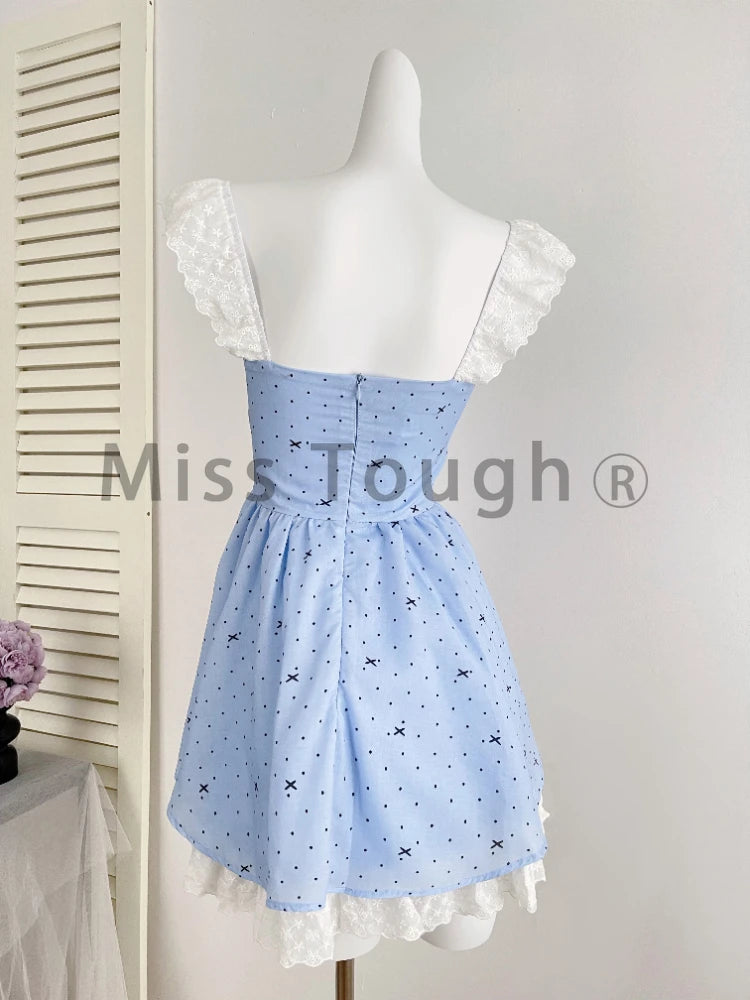 2024 Korean Fashion Sweet Party Mini Dress Women Casual Chic Strap Floral Dress Female Y2k Sleeveless Bow Kawaii Dress Summer