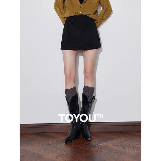 TOYOUTH Women Shorts 2024 Autumn Winter New Woolen Mid Waist Wide Leg Black Mini Pants