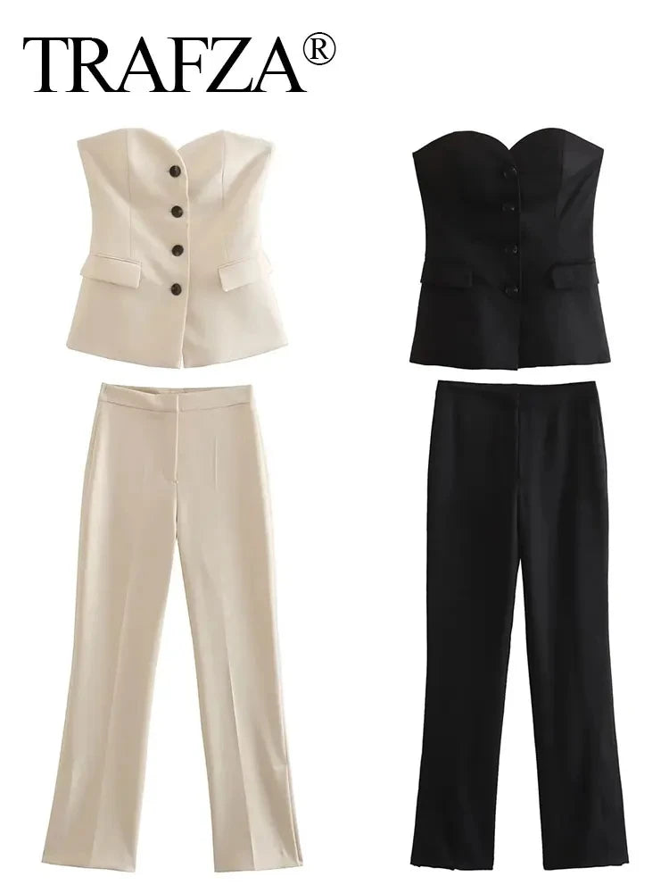 Solid Tube Top Pant Suit Sleeveless Off Shoulder Single Breasted Tube Top+All-match Straight Trousers Set TRAF