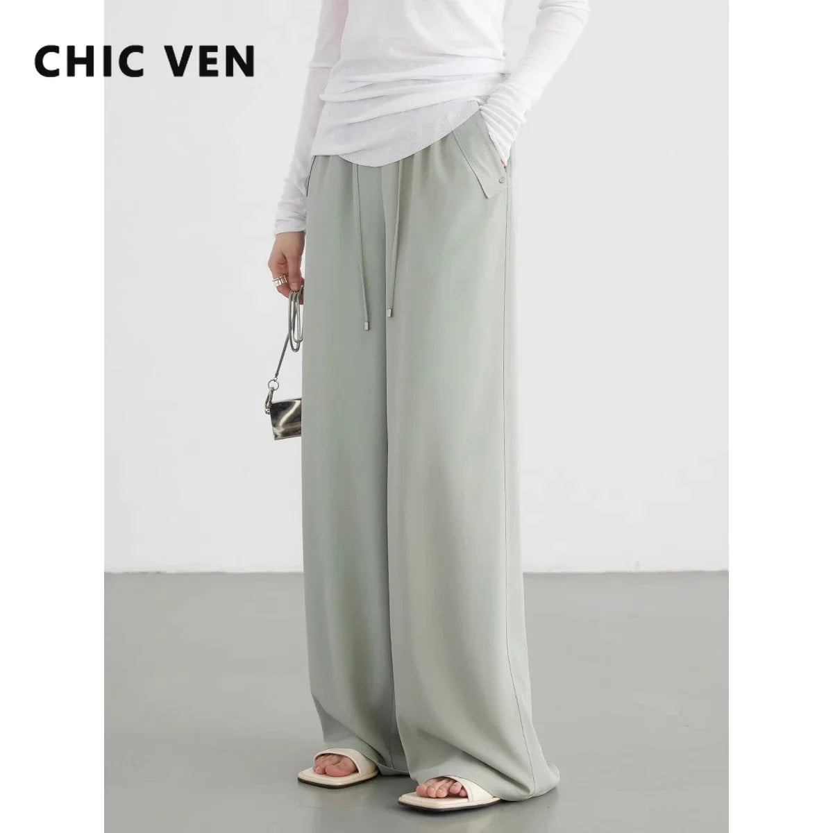 CHIC VEN Women Pants Loose New Elastic High Waisted Wide Leg Pant  Cool Casual Female Trousers Summer 2024