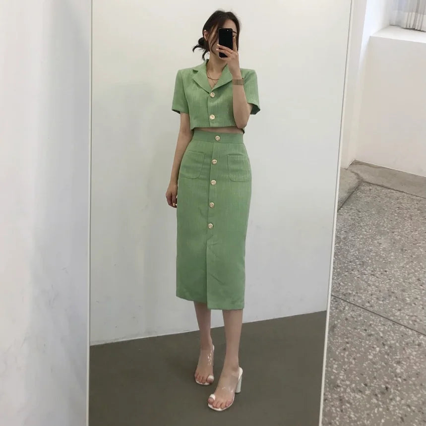 Fashion Korea Elegant Lapel Thin Tweed Small Suit Short Jacket + High Waist Chic Button Slim Womens Two Piece Skirt Sets Summer
