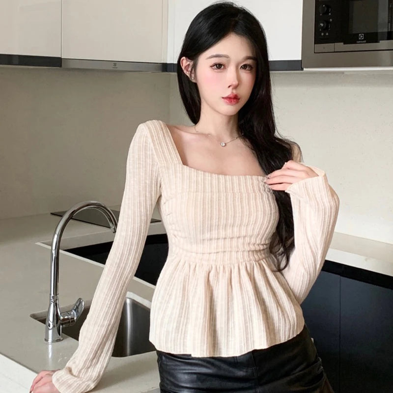 Autumn Sweet Women Shirts Korean Knitted Folds Slim Female Blouse Fashion New Square Collar Flare Long Sleeve Ladies Crop Tops