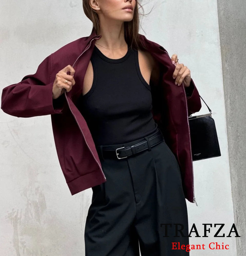 TRAFZA-Women Vintage Loose Zipper Jacket Lapel Burgundy Color Jacket New 2024 Autumn Fashion Versatile Street Outwear Jacket