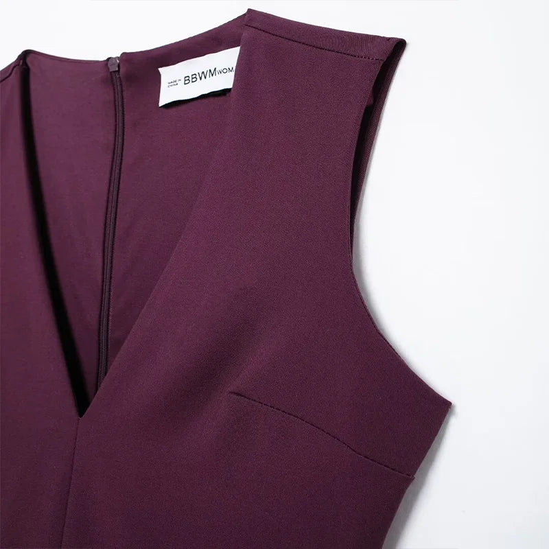 Koekop Women's Fashion Solid Color Belt Decoration Short Dress V Neck Vintage Sleeveless Women's Chic Lady Dresses