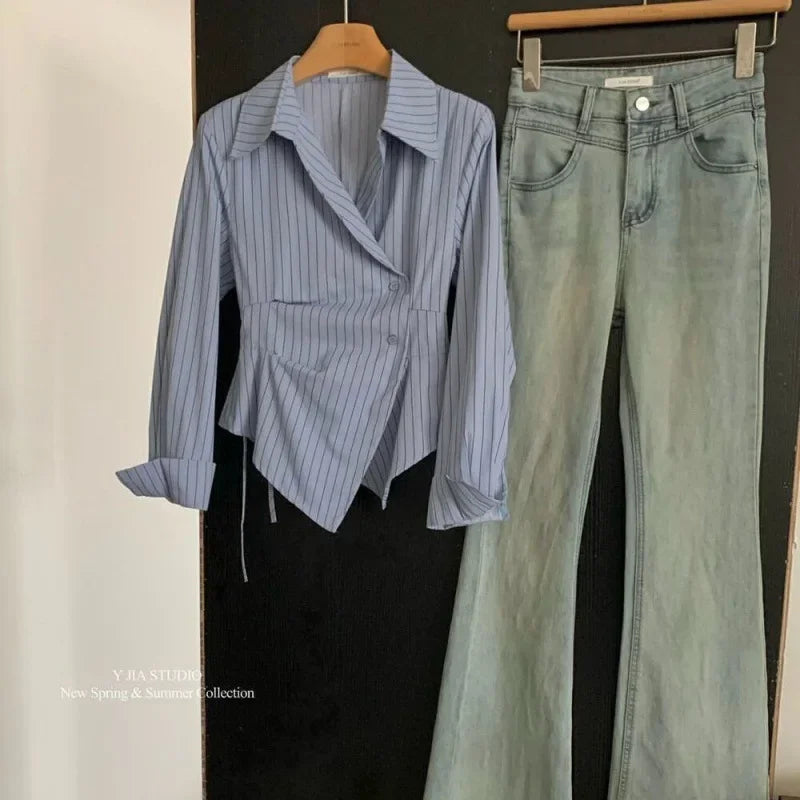 Design Sensibility Irregular Waist-fitted Slimming Striped Shirt Women's Elegant Lapel Long Sleeve Blouse 2024 New Model