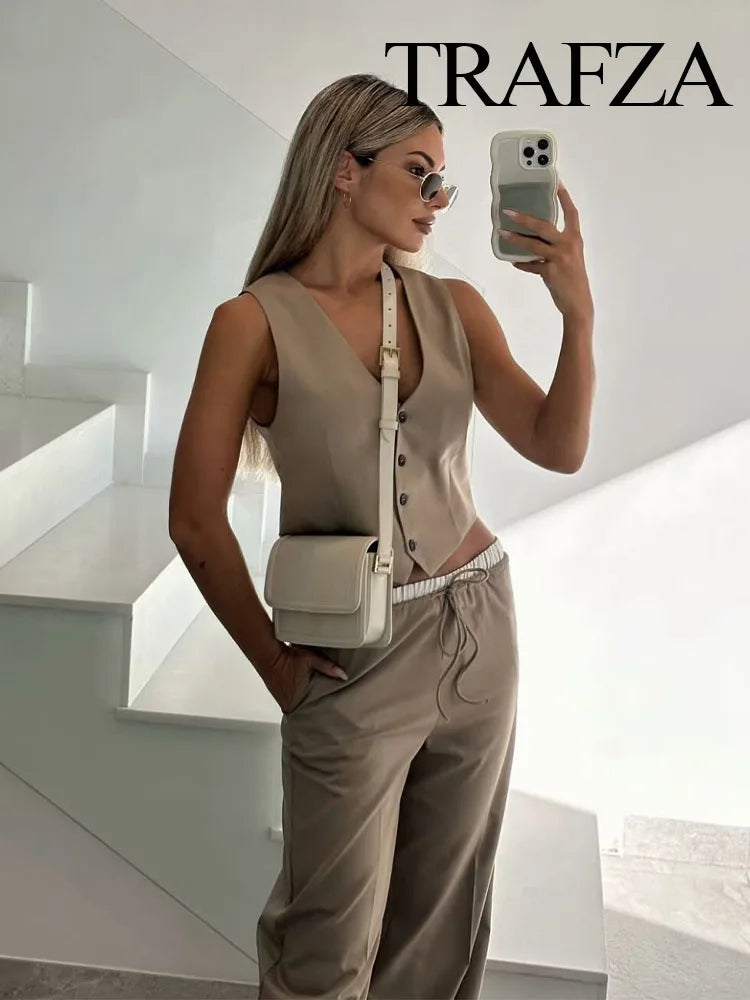 Chic Set Solid V-Neck Sleeveless Single-Breasted Waistcoat+High Waist Elastic Waist Pockets Drawstring Long Pant