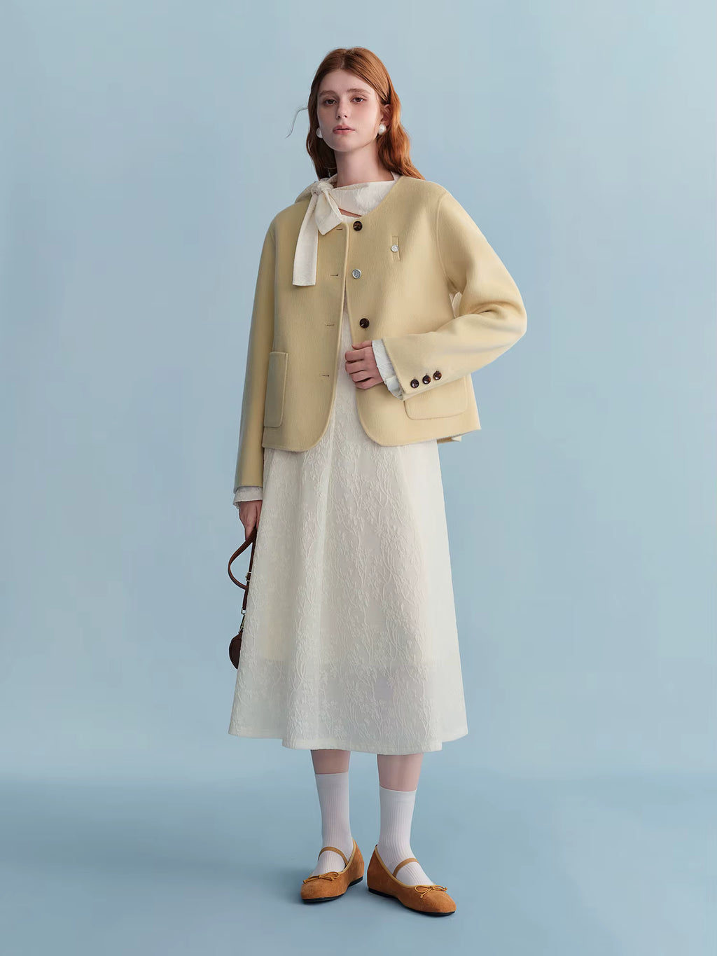 Sweet Yellow Round Neck Short Wool Woolen Coat Straight Cropped Coat Winter Simple Korean Style Girlish