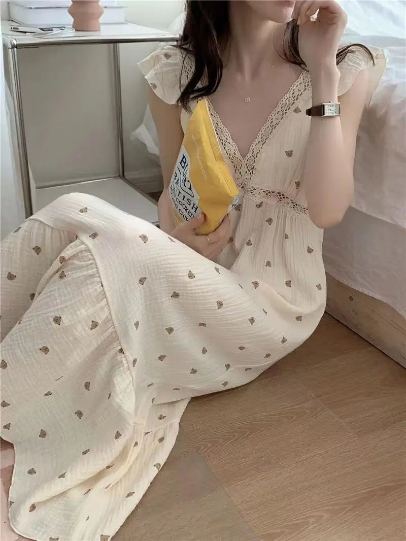 Cute Pajamas Summer Bear New Slip Dress Pajamas Women's Home Clothes Pyjamas Bathrobe Cotton Nightie The Nightgown Sexy Sleeping