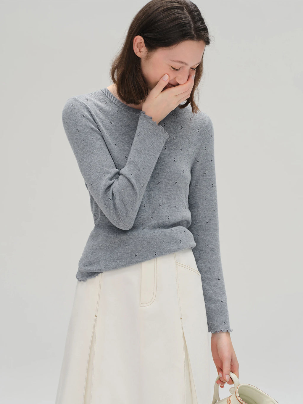 DUSHU Autumn 2025 Women's Round Neck Knit Top - Eyelet Trim Lace Edge Ribbed Texture Office Casual Blouse with Loose Fit