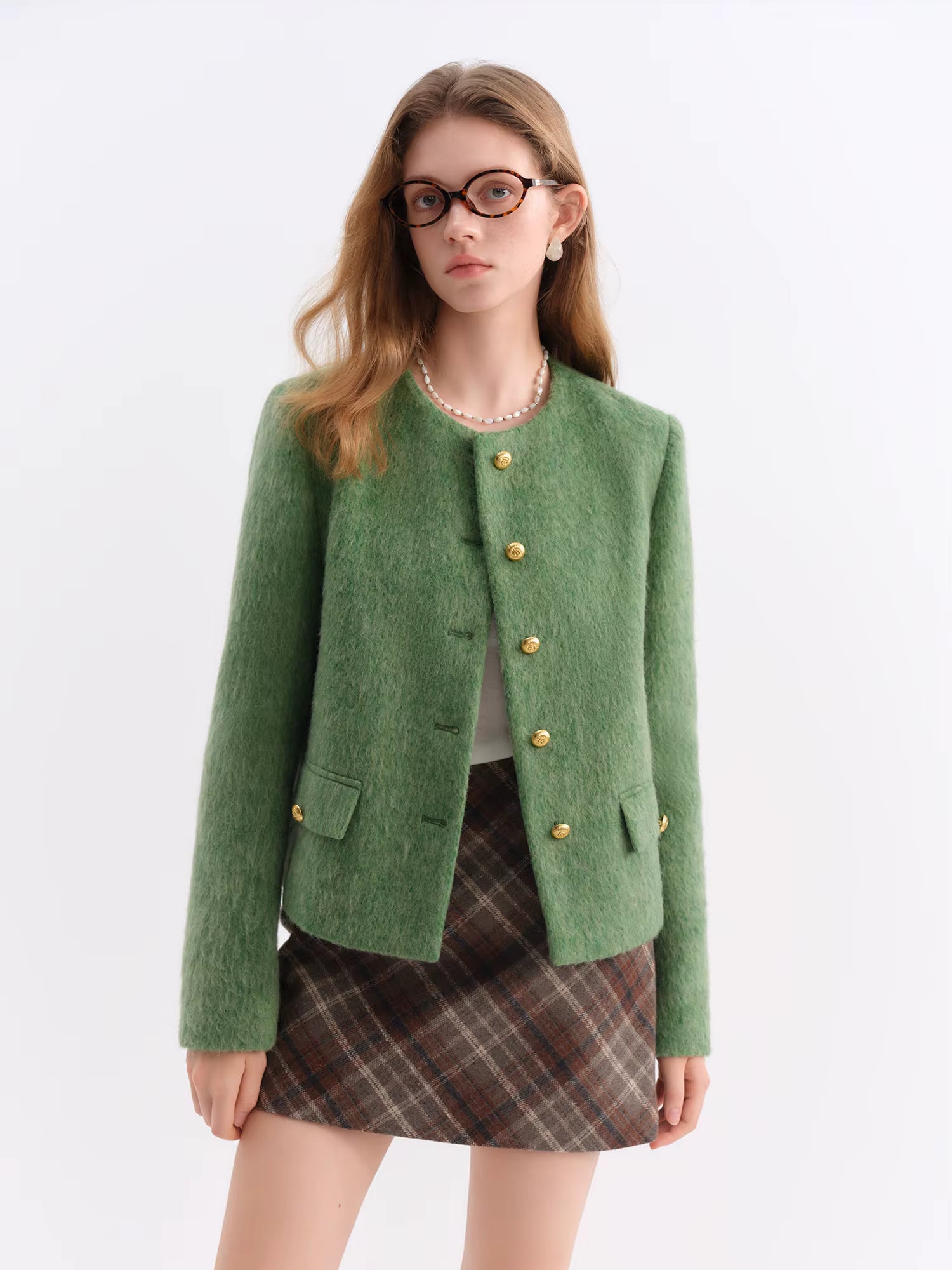 French Style Tweed Round Neck Wool Blend Structured Shoulder Women Coat 2025 New Outerwear Classic Elegant Casual Jacket