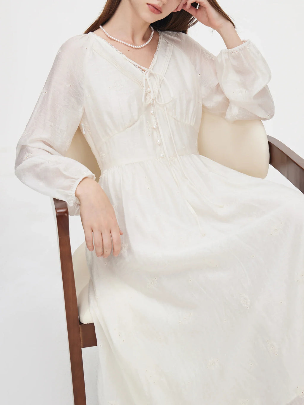 FSLE Women Beige Long Sleeve Dress Temperament V-Neck Lace-up Design Female 2024 Autumn Mid-Calf Commuter Dress 24FS13148