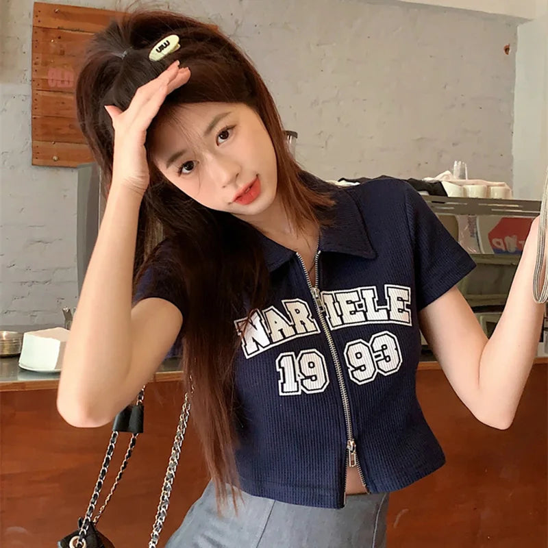 2024 New Summer Women Vintage Zipper Short Sleeved T-shirts Lady Korean Style Streetwear Clothes Female Letter Printing Top