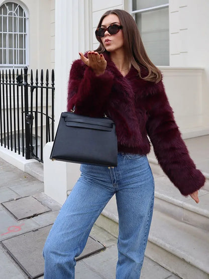 Retro Burgundy Flip Collar Long Sleeves Short Warm Coat Elegant Solid Color Loose Faux Fur Jacket New Woman High Street Coats