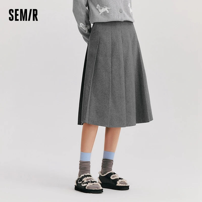 Semir Skirt Women Imitation Woolen Simple Versatile Fashionable 2024 Winter New Solid Color A-Line Pleated Skirt Literary Skirt