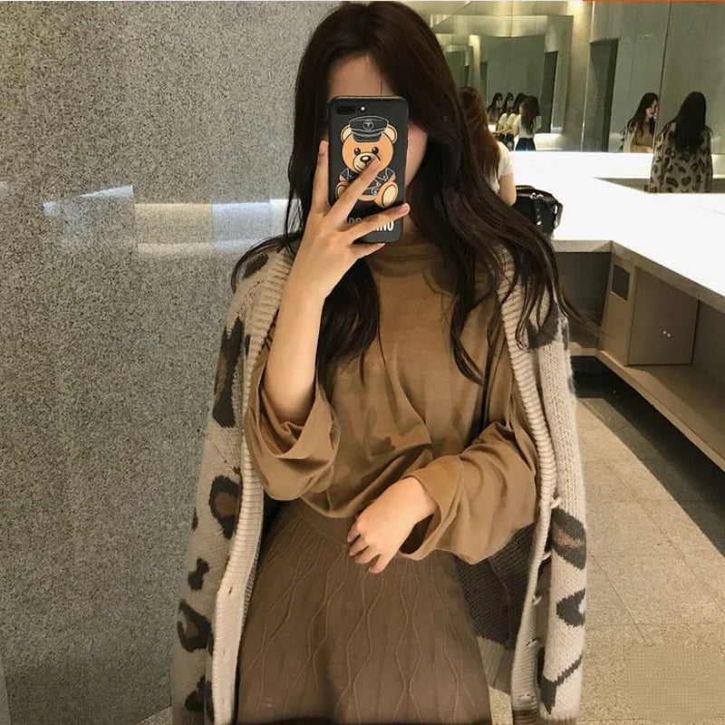 Pink V-neck Leopard Print Sweater Women's Autumn Korean Version Loose Fit Slimming Sweater Knitted Cardigan Jacket