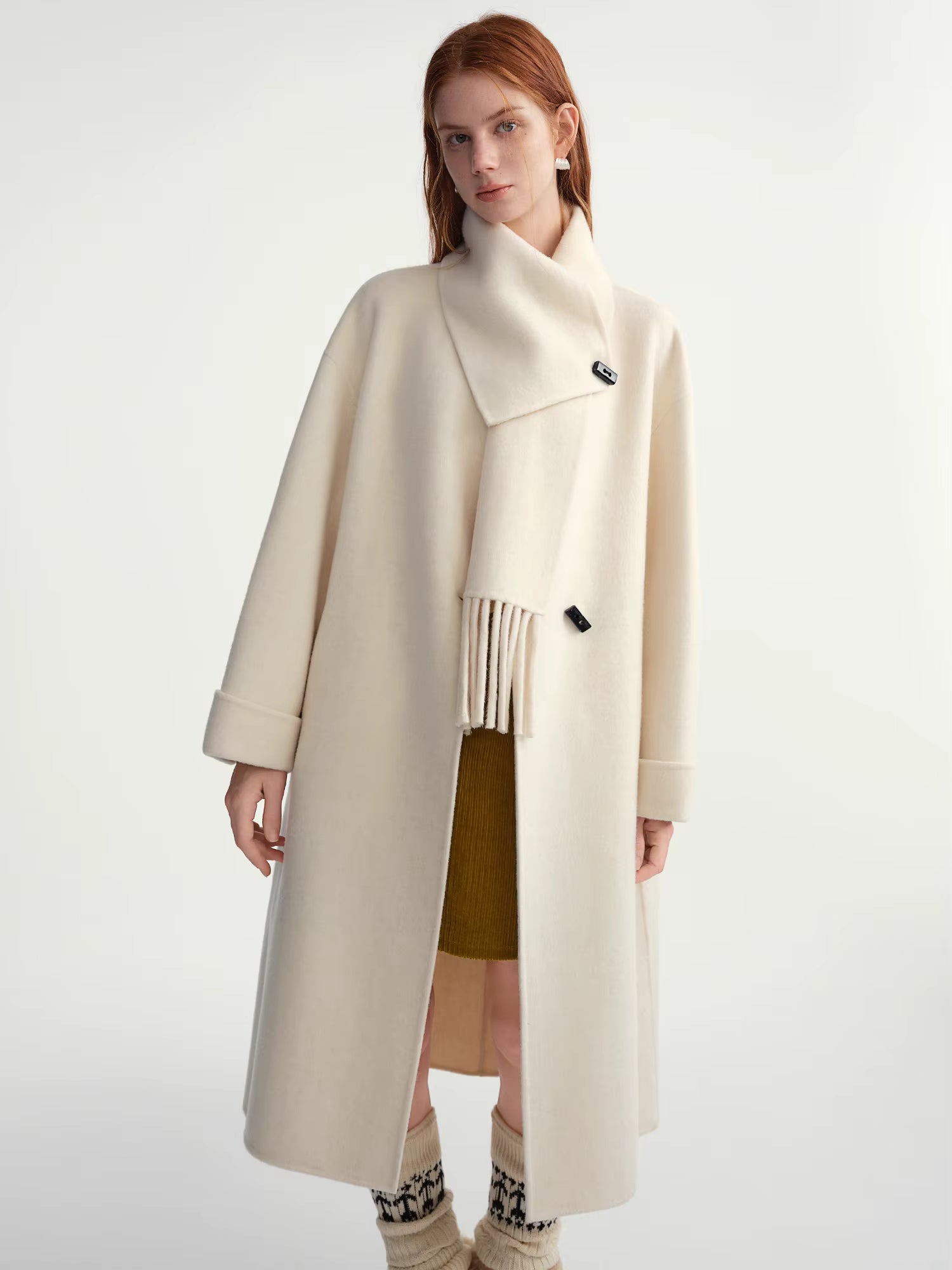 Plus Size Women's Design Forward Double Faced Wool Trench Coat with Detachable Scarf Collar 100% Sheep Wool With Scarf