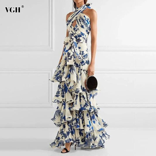 VGH Print Tierred Long Dresses For Women Halter Sleeveless High Waist Off Shoulder Hollow Out Long Casual Dress Female Fashion