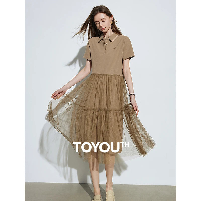 TOYOUTH Women Dresss 2024 Summer New POLO Collar Loose Fitting Mesh Patchwork Skirt