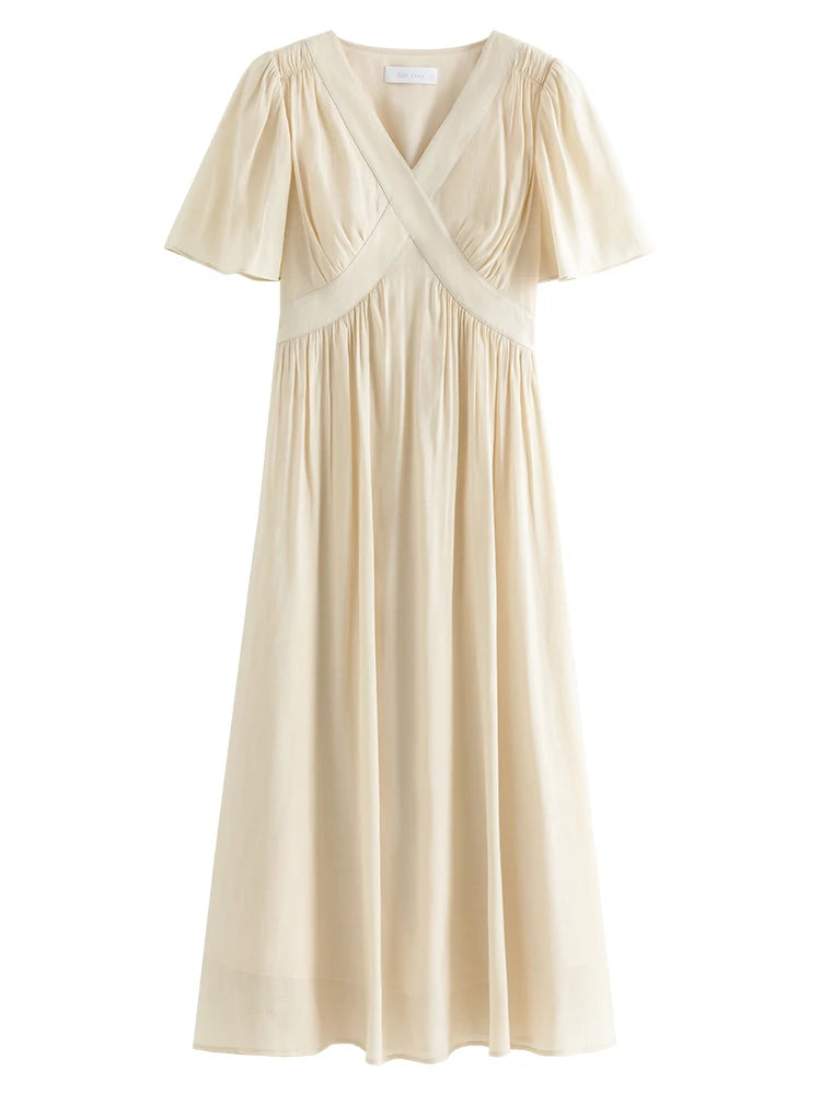 FSLE Women Flying Sleeve Temperament Long X-LINE Dress French V-neck Black Dress Office Lady Solid Dress