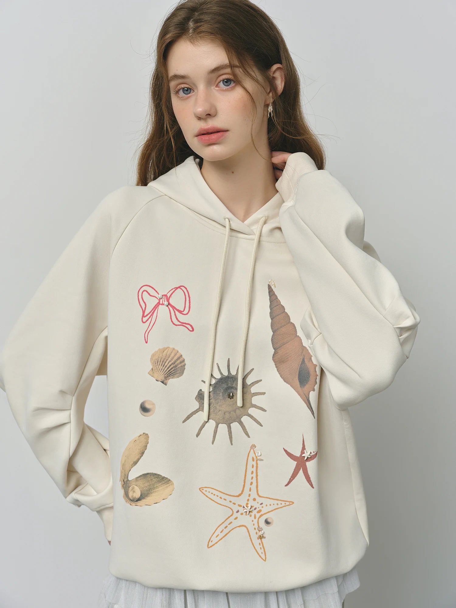 FSLE Autumn 2025 Women's Hooded Sweatshirt - Loose Fit Shell Print Embroidery Long Sleeve Pullover Casual Streetwear Top