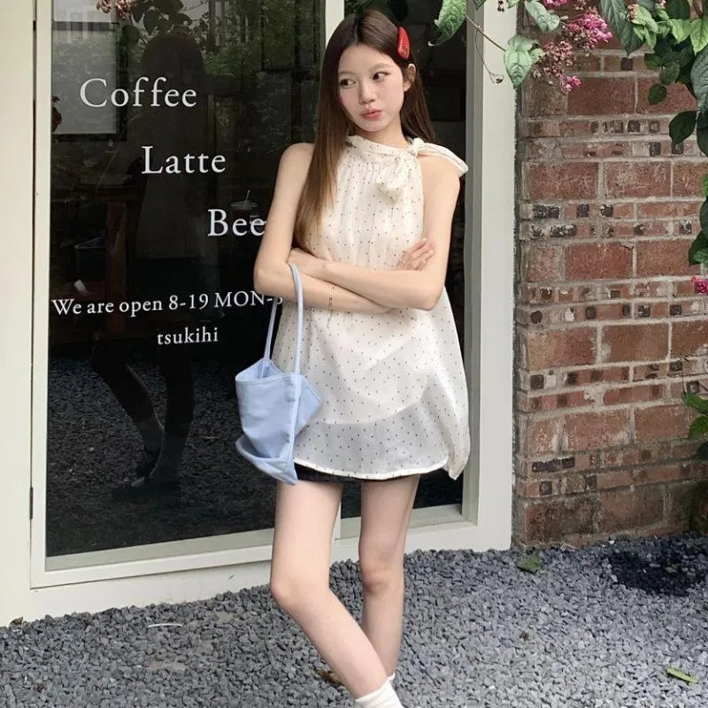 Bow Halter Lace Up Blouses Women Polka Dot Korean Tender Princess Style Sleeveless Tops Summer New Design Students Sweet Girls