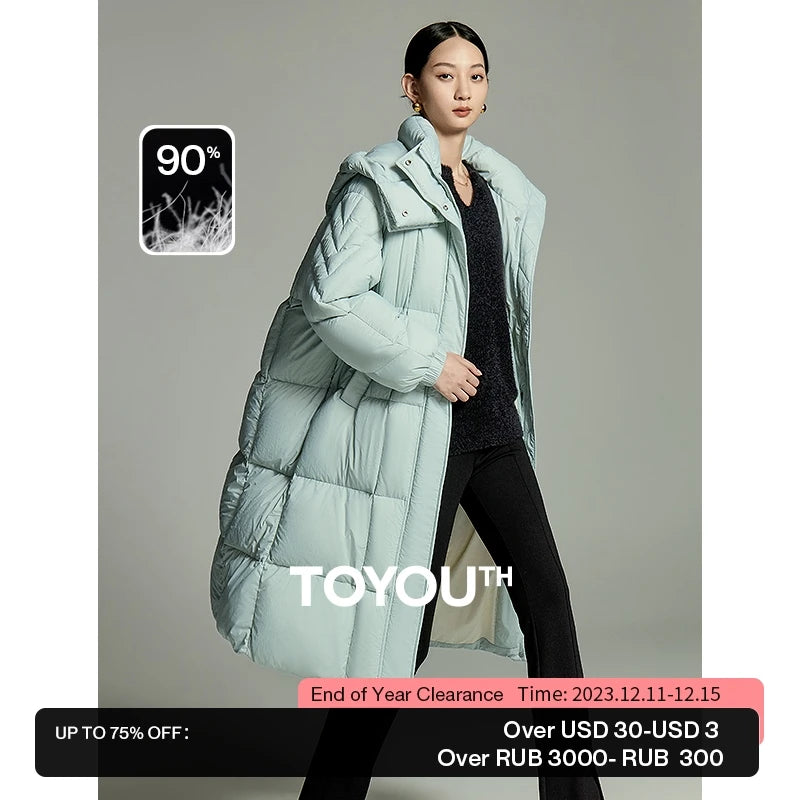 Toyouth Women Long Down Jacket 2023 Winter Stand Collar Thick Hooded Coat Puff Fluffy Feeling Warm Outdoor Overcoat Jacket