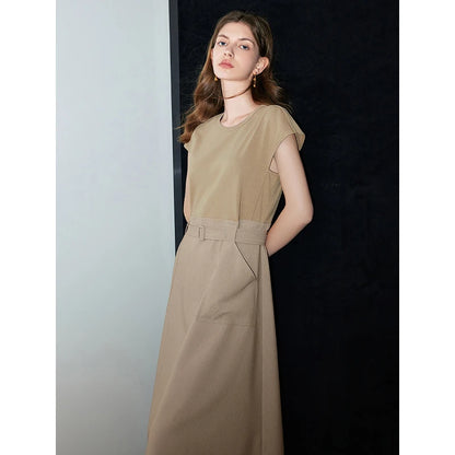 TOYOUTH Women Sleeveless Dress 2024 Summer New Spliced Casual Style Silk Cotton Pocket Mid length Dress With Waistband Coffee