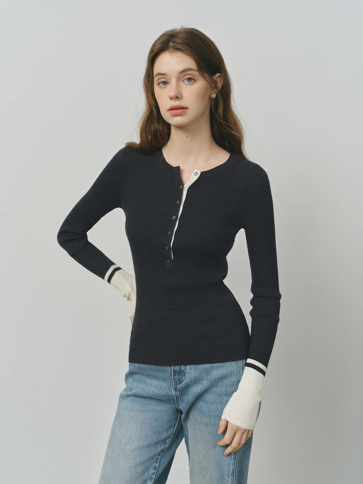 FSLE Wool Simple Temperament Contrast Color Henry Collar Sweater 2025 Autumn New Style Inner Wear