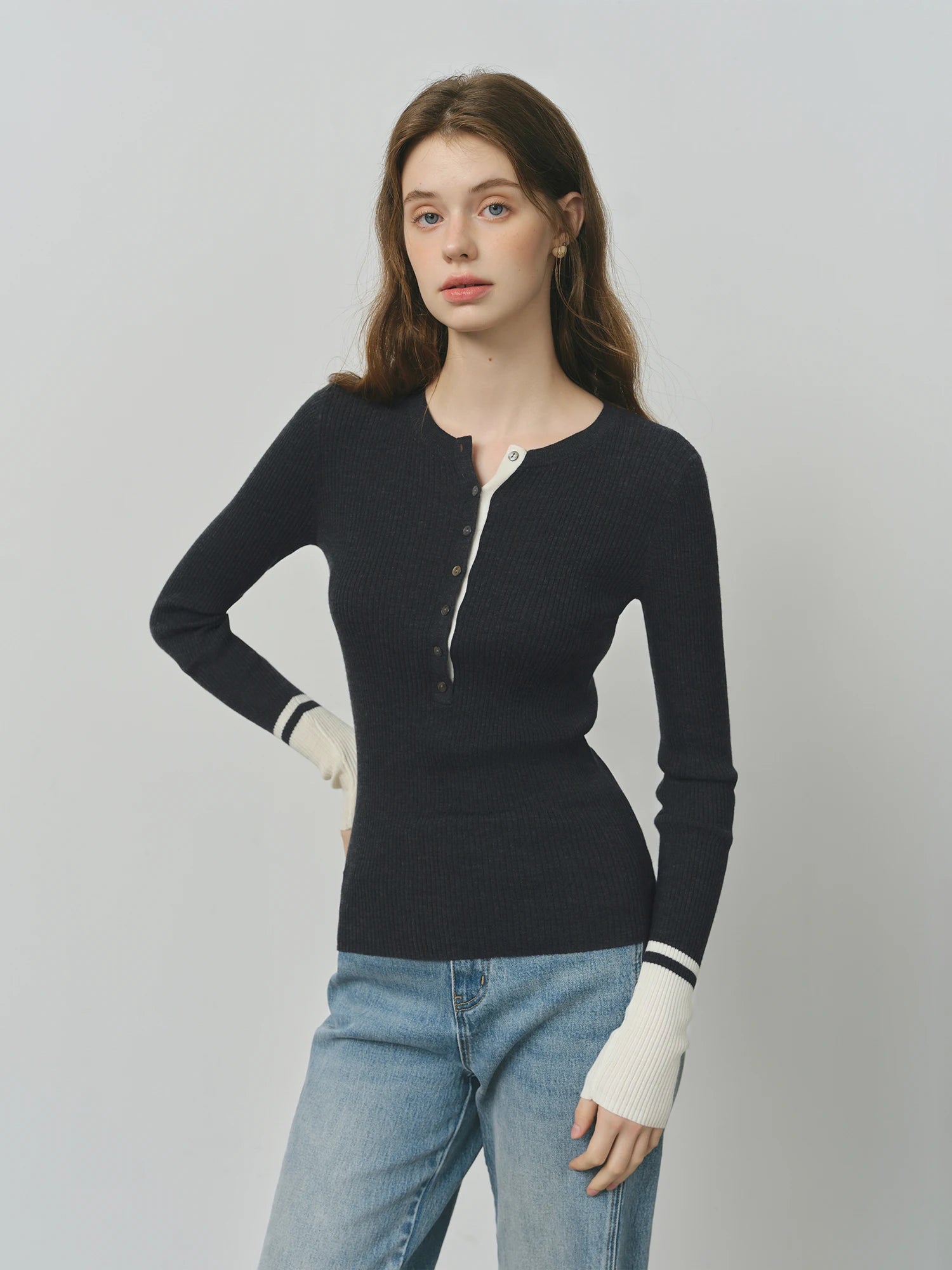 FSLE Wool Simple Temperament Contrast Color Henry Collar Sweater 2025 Autumn New Style Inner Wear