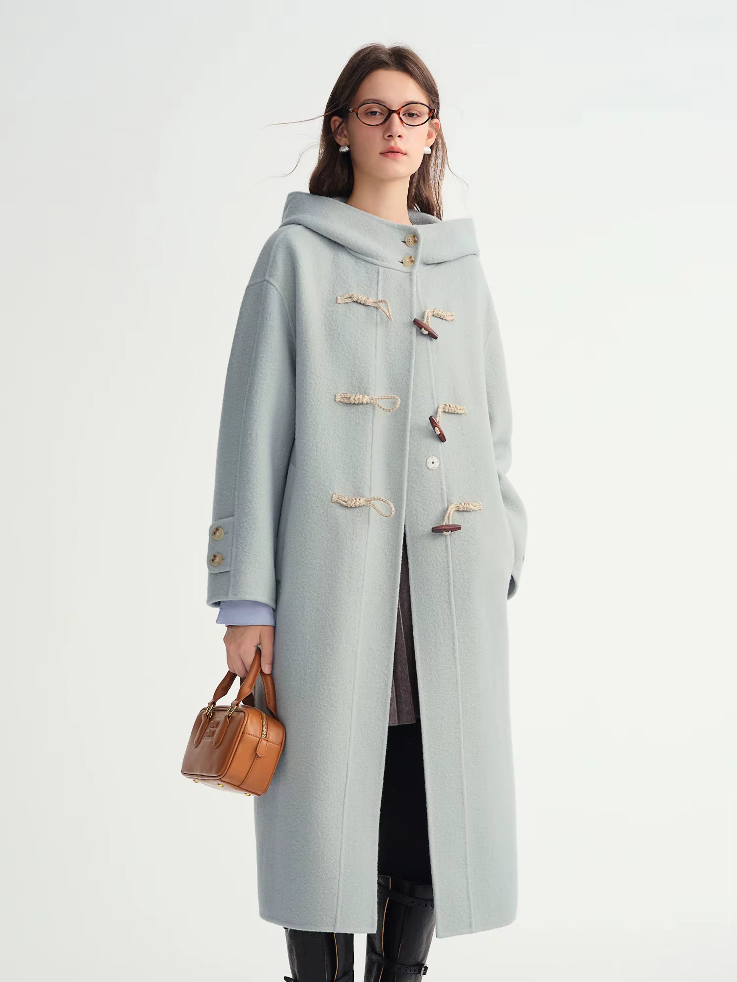 Winter 2025 Women's Horn Button Wool Blend Coat - Korean Style Double Faced Midi Length Stand Collar Casual Elegance