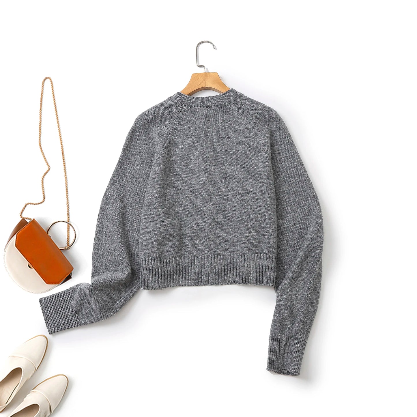 Ethereal  MD autumn new style of Women's casual standard short round neck cardigan gray long sleeves