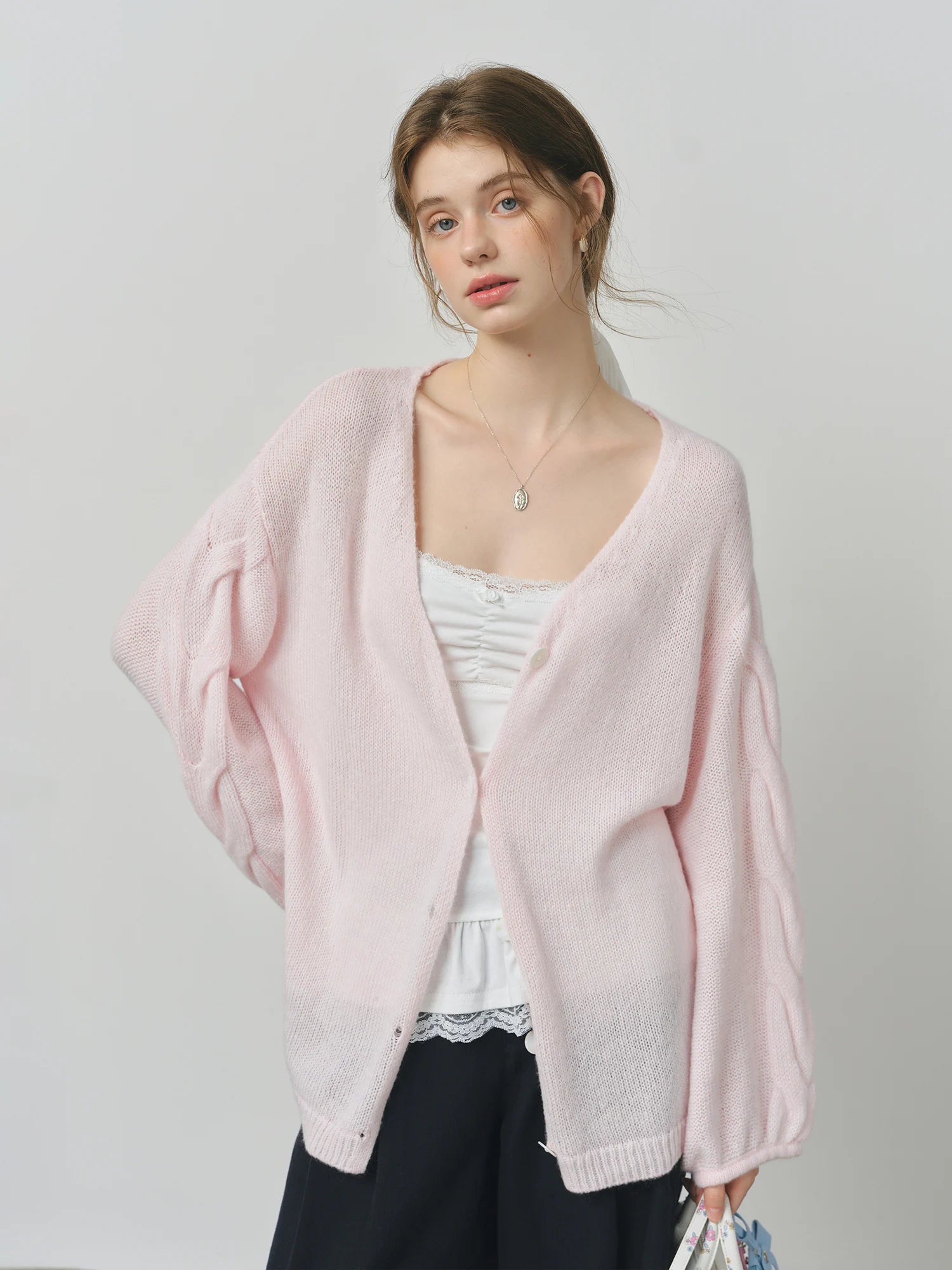 FSLE Alpaca Wool Loose Lazy Cable Knitted V-neck Cardigan Jacket Women's Autumn 2025 New