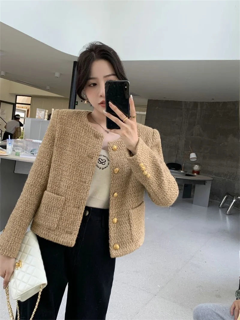 Fashion Loose Round Neck Beautiful Women Loose Spring And Autumn Short Retro High Quality Temperament Round Collar Tweed Coat