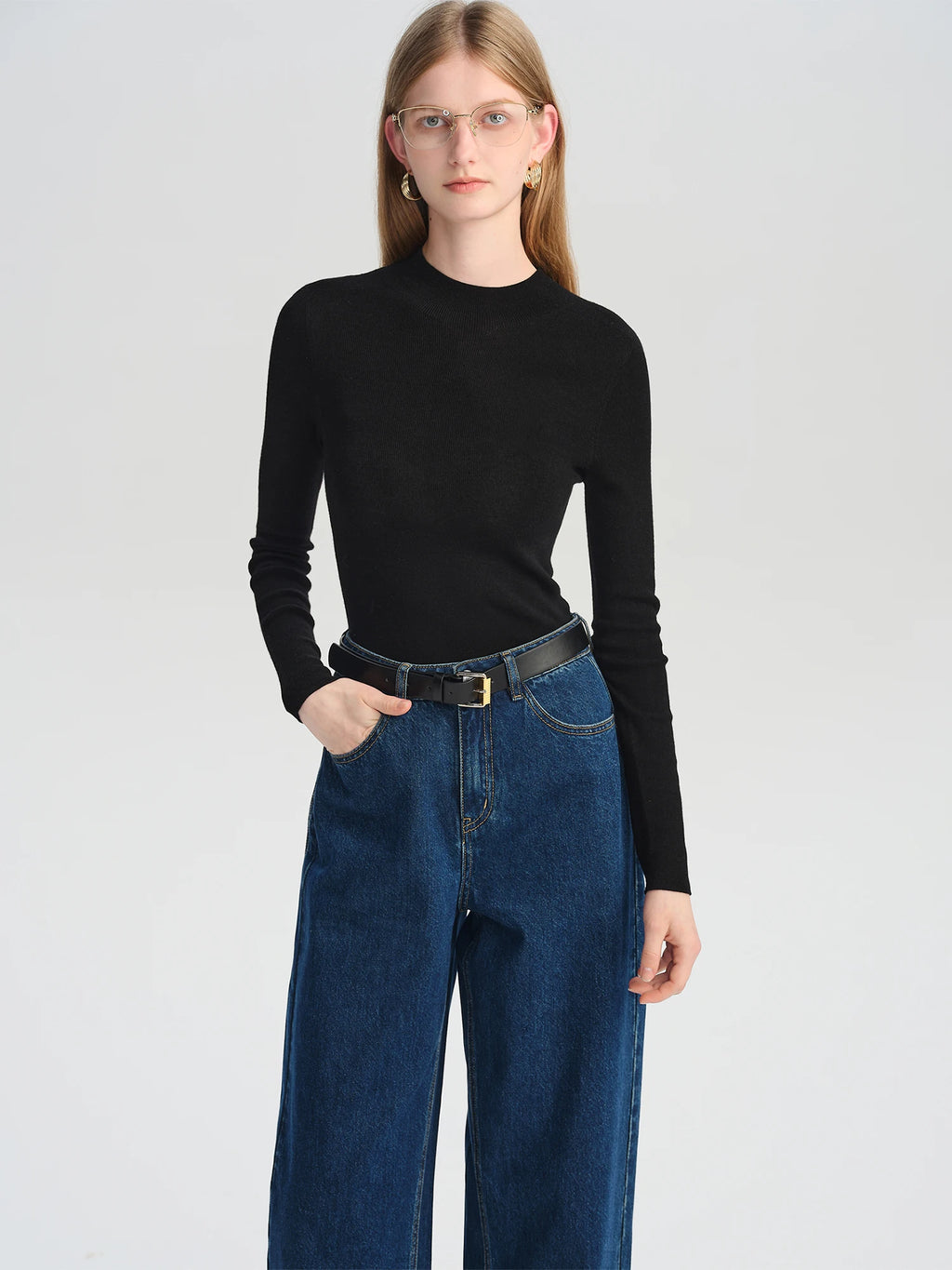 ZIQIAO Wool Sweater for Women Autumn and Winter New 18 Needle Nude Seamless Knitted Bottoming T-shirt