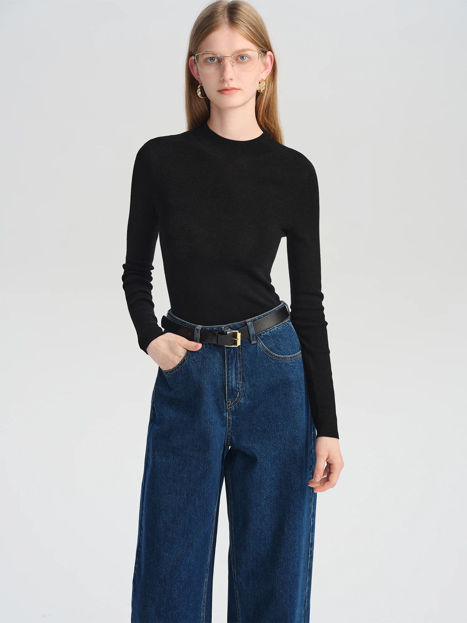 ZIQIAO Wool Sweater for Women Autumn and Winter New 18 Needle Nude Seamless Knitted Bottoming T-shirt