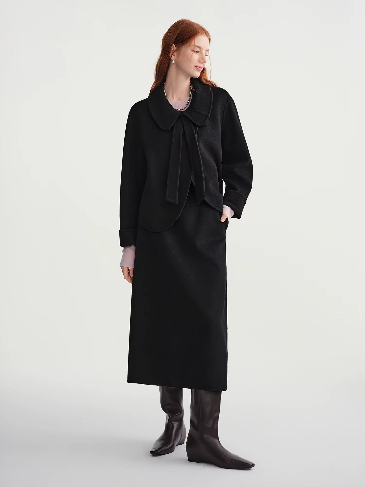 Elegant Sets Women Winter Cropped Black Coats Skirt Suit Peter Pan Collar Woolen Jacket Age-reducing Temperament French