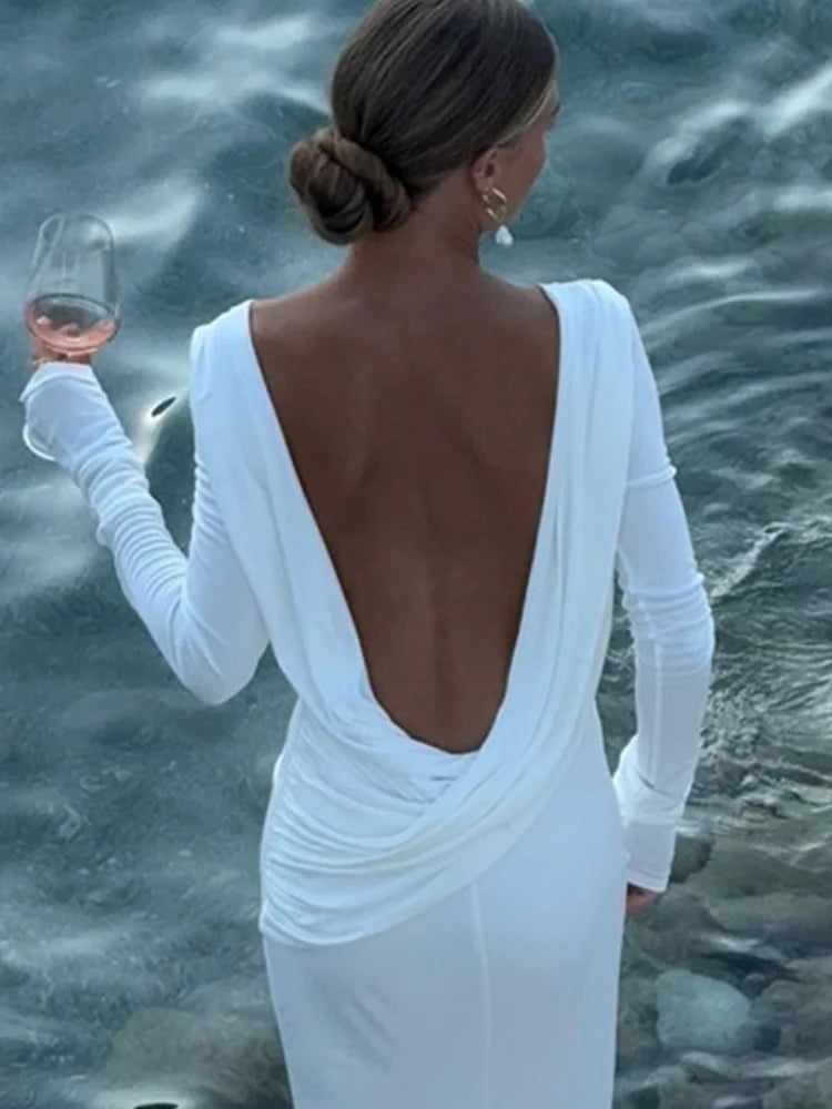 Chic Backless White Long Sleeved Slim Fit Dress For Women Pleated Elegant Round Neck Long Dresses 2024 New Female Evening Gowns