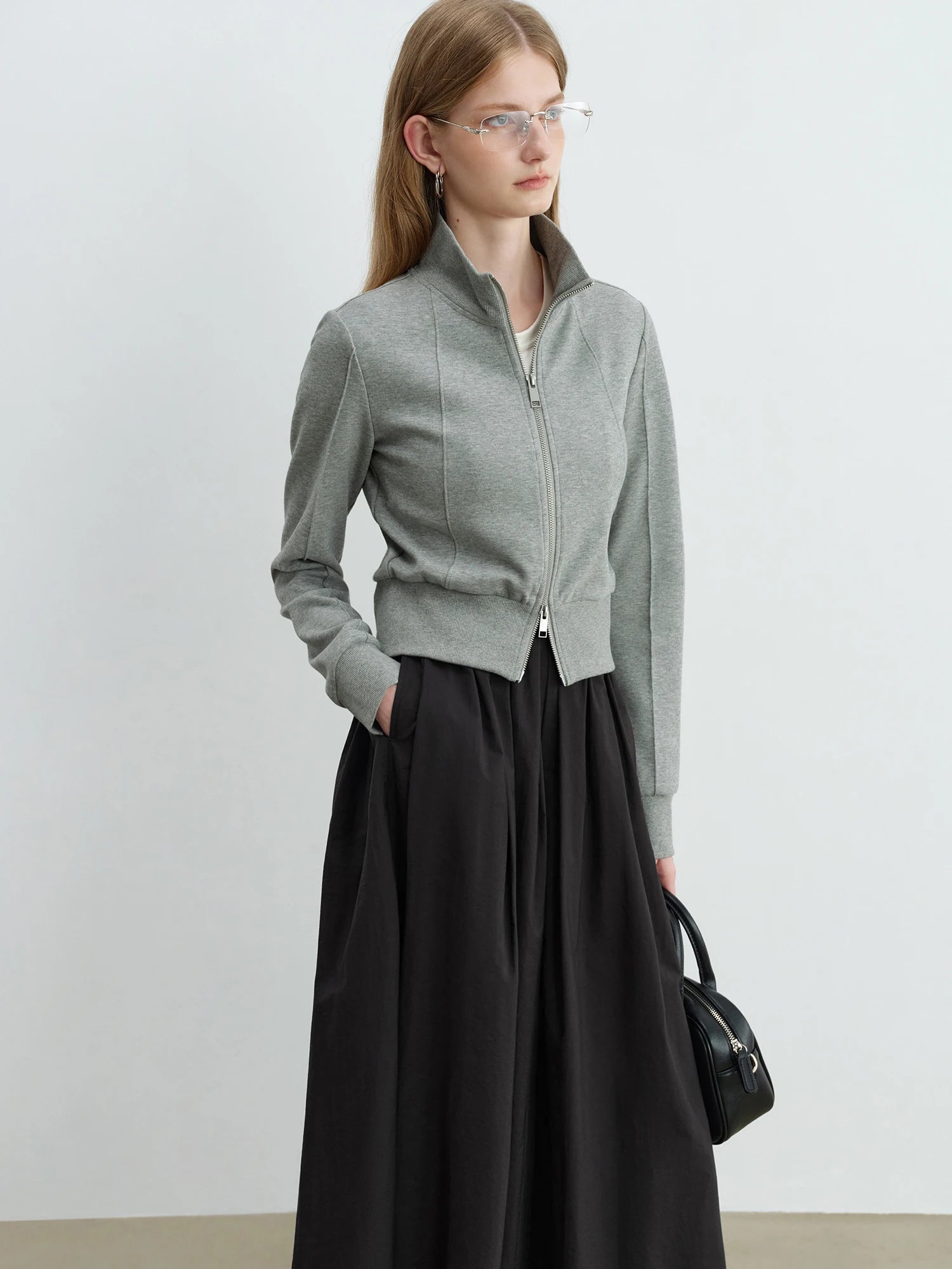 ZIQIAO Petite Stand-Up Collar Hoodie Jacket 2025 New Autumn Collection Waist Cinching Slimming Open-Front Top