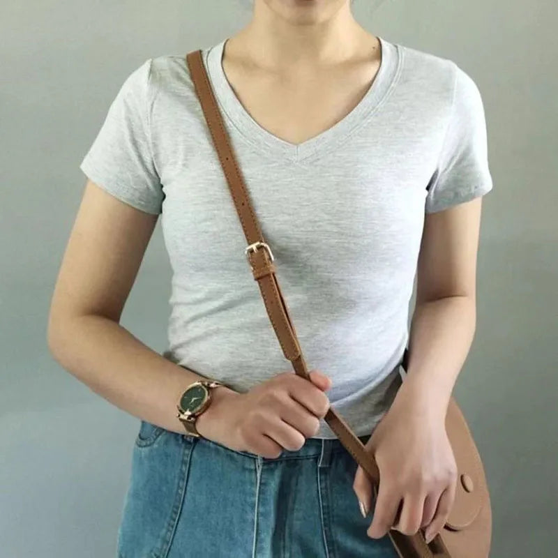 Xpqbb Solid Color Basic T Shirt for Women Korean Slim V-neck White Short T-shirts Ladies Summer Casual Simple Wild Tee Clothing