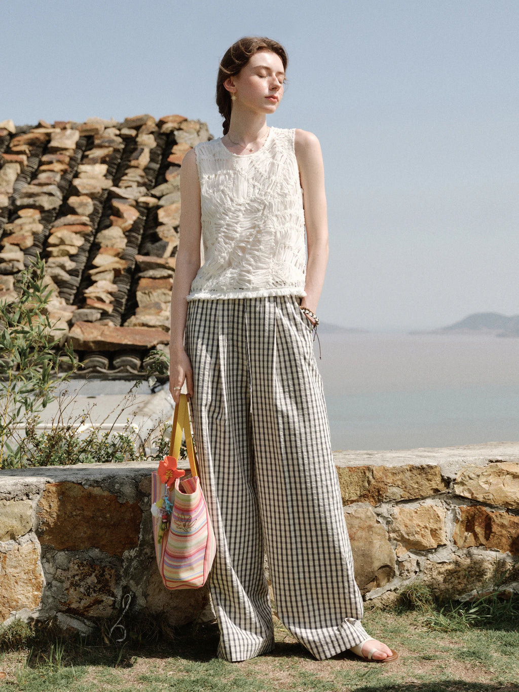 FSLE 2025 Summer Textured Relaxed Pants - Fluid Hem Midi Length Resort to Office Casual Trousers
