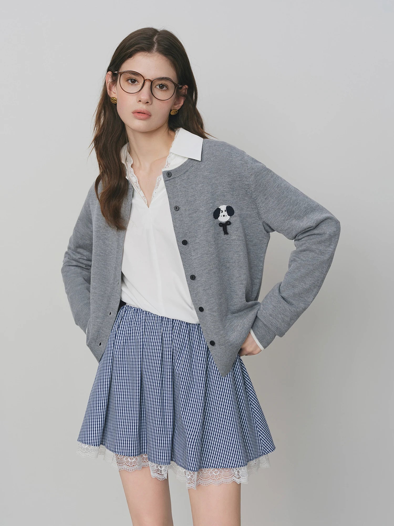 FSLE Autumn 2025 Women's Knit Cardigan - Playful Style Round Neck Dog Embroidery Loose Casual Top Sweater with Floral Accents