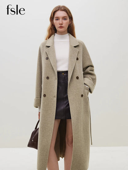 FSLE 100% Wool Black Temperament Long Double Breasted Woolen Jackets 60.6% Wool 10.5% Silk Belt Design Female Beige Apricot Coat