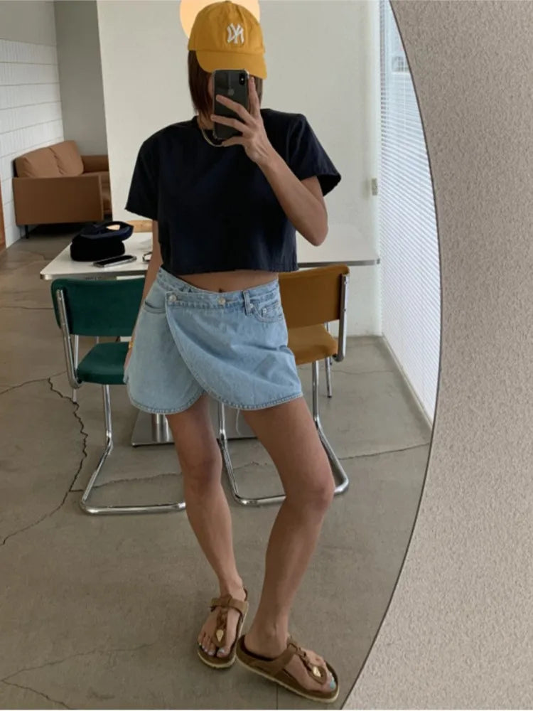 Kpop Jeans Summer Mini Denim Shorts Skirts Women Irregular Patchwork Fashion High Waist Ladies Trousers Korean Loose Woman Shorts