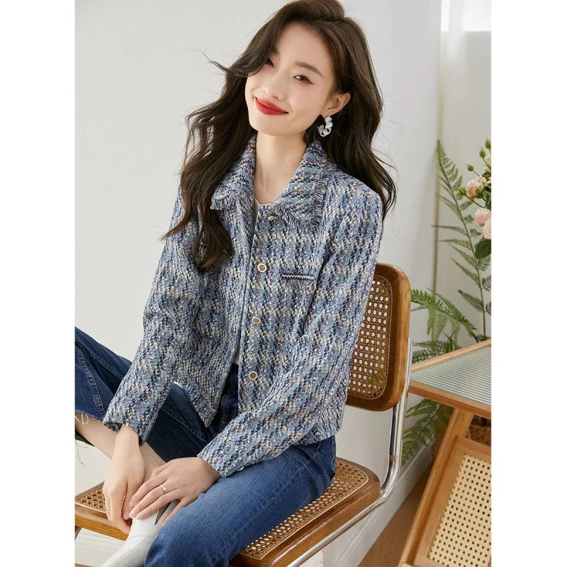 Autumn Winter Fragrant Style Turn Neck Straight Tube Tweed Short Coat Women's Long Sleeve Jackets